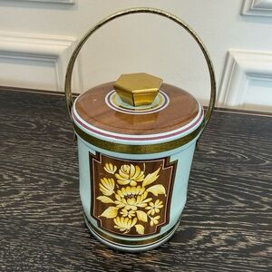 England Advertising Bucket Blue Floral Biscuits Lithograph Tin Can Handle
